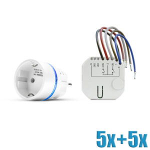 Home Automation Pack - 5 stuks ASW-200 F / Smart Plug, wit en 5 stuks ASW-210 tweekanaals 230 V AC inbouw controller