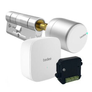 Starterkit Tedee PRO Slim Deurslot zilver/wit, Bridge, M&C modulaire cilinder en Dry Contact